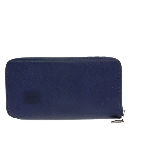HERMES Logo Azap Zip Around Long Wallet Silk Epsom Leather Navy Blue SHW 37ED890